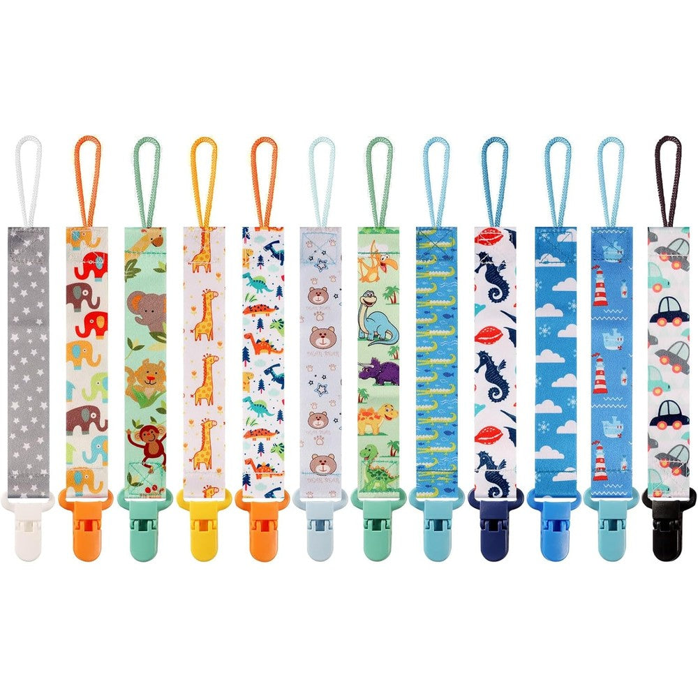Tamhoo premium baby pacifier clips 12 pack front view showcasing colorful patterns