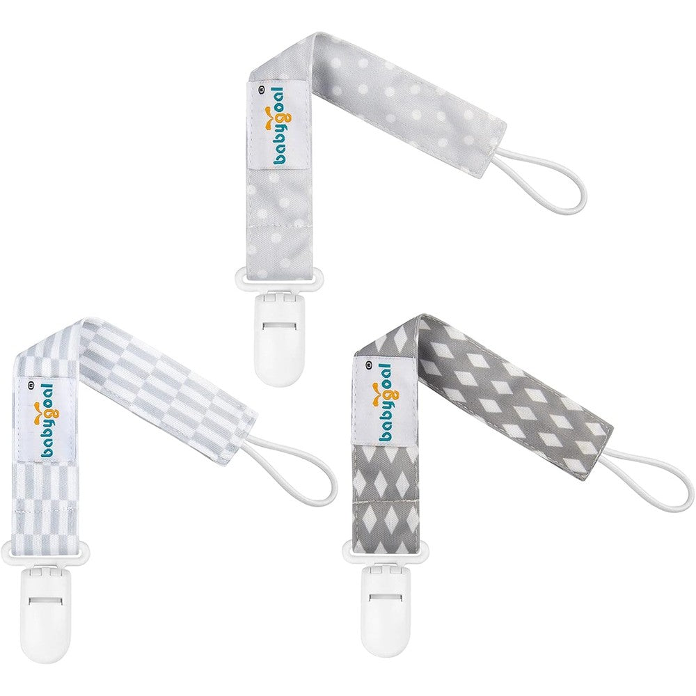 Babygoal neutral pacifier clips 3 pack front view showing grey polka dot pattern