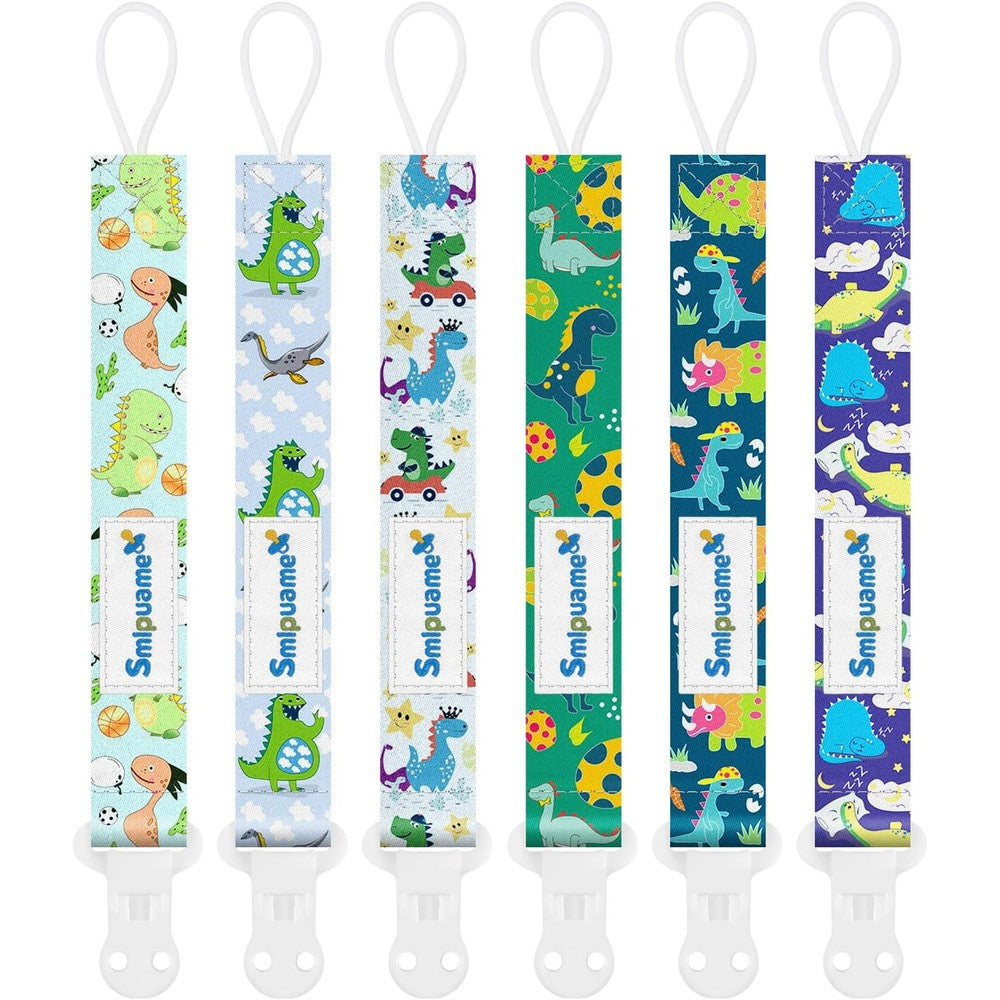 Smlpuame baby pacifier clip front view showing colorful dinosaur pattern straps.