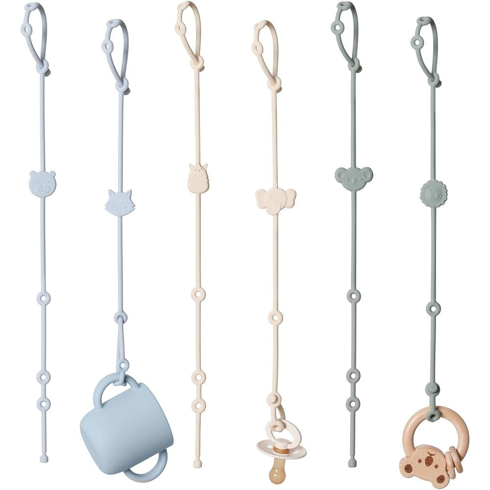 ROCCED silicone toy straps for baby front view showing 6 piece set in ivory sage and blue