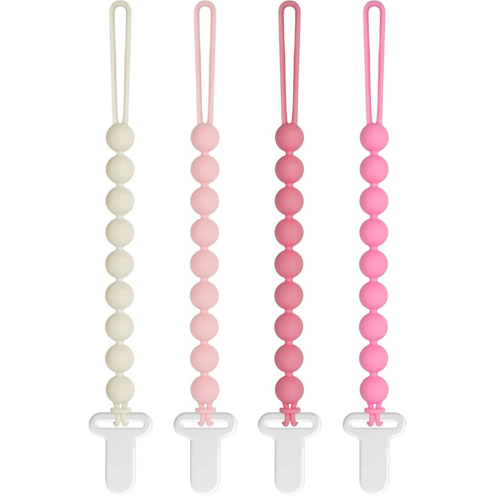 Draklary silicone pacifier clips four pack front view featuring pink and beige shades