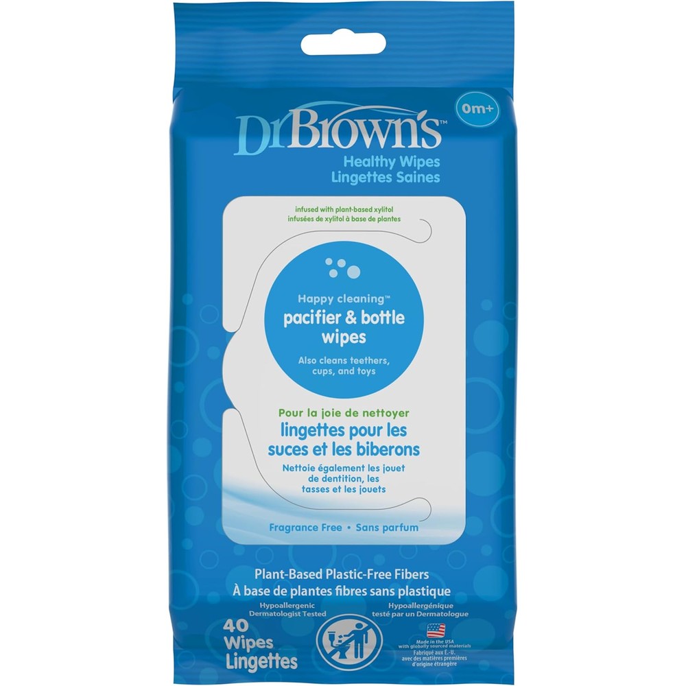 Dr. Brown's Pacifier and Bottle Wipes 40 Count packaging front view showcasing natural cleaning benefits.