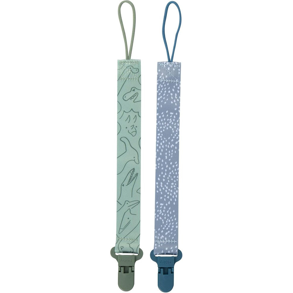 Nuby Pacifinder baby pacifier clip two pack front view featuring blue dots ribbon design
