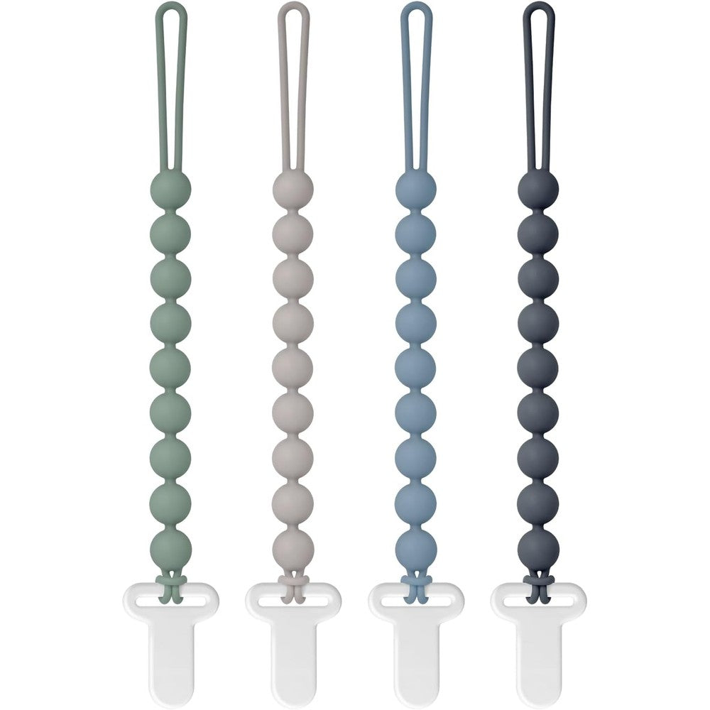 Draklary silicone pacifier clips four pack front view showing premium blue and grey round holders
