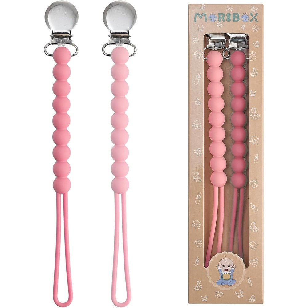 MORIBOX Pacifier Clips Baby Girls 2 Pack front view showcasing premium pink silicone beads.