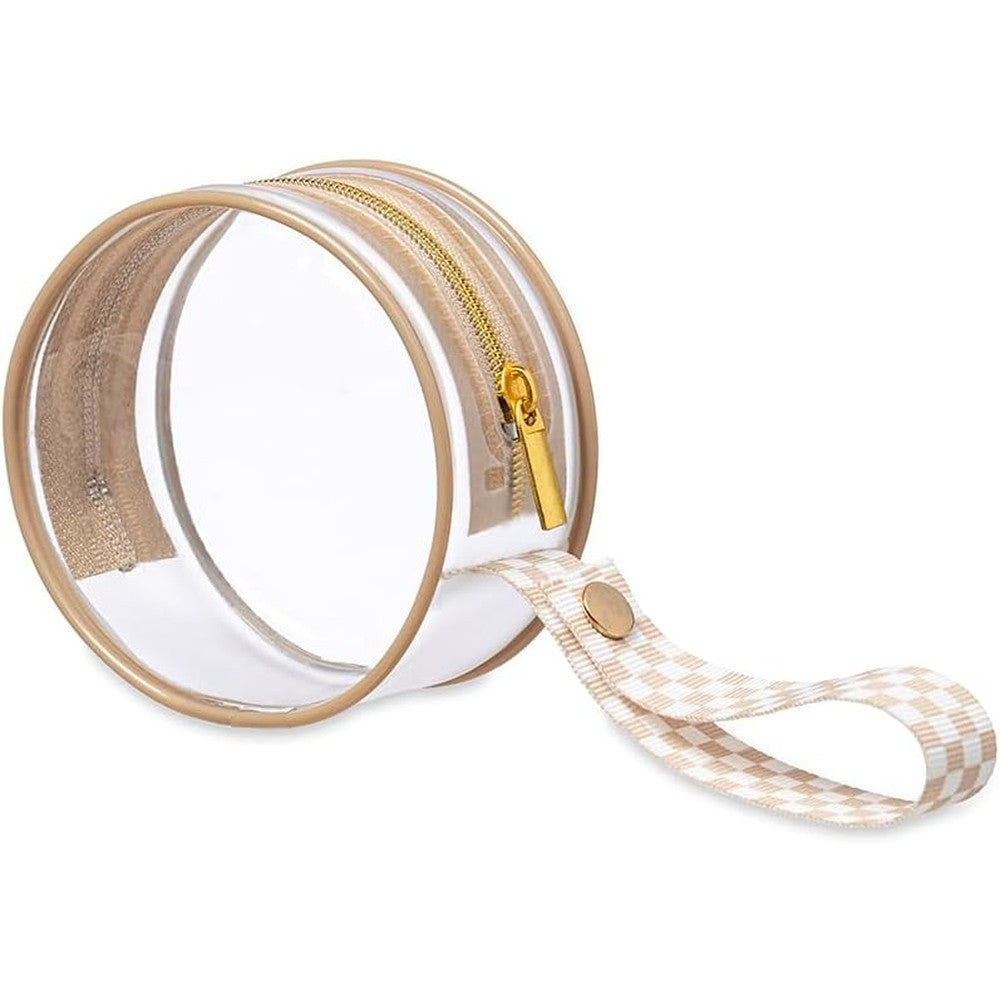 Itzy Ritzy Clear Pacifier Case front view with taupe checkerboard handle strap