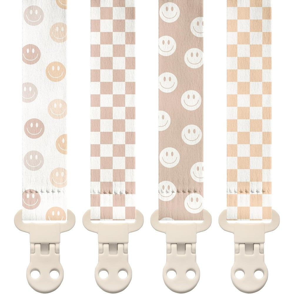 Stadela Baby Pacifier Clip Holder front view of retro checker and smiley face patterns four pack set.