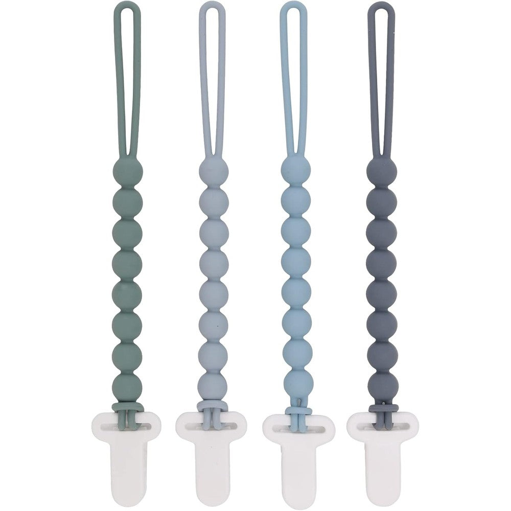 Slotic silicone pacifier clips four pack front view showing grey beads and plastic clasps
