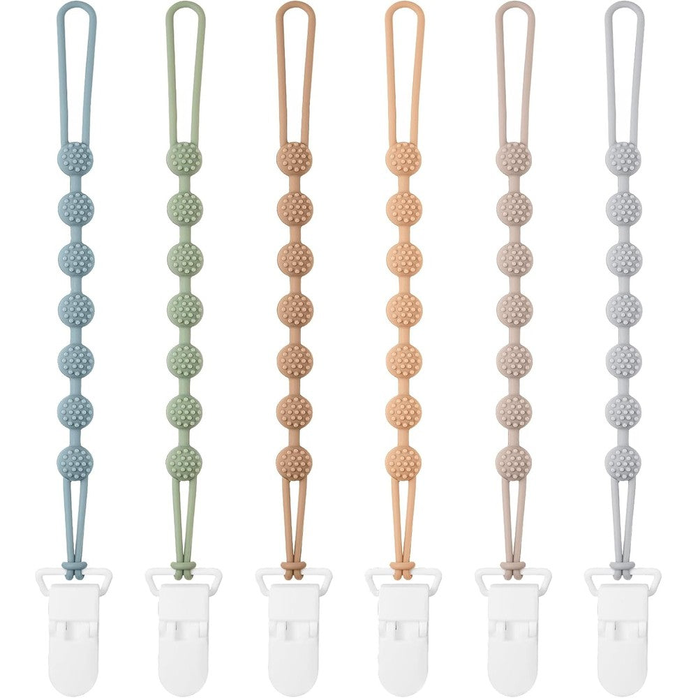 Eascrozn baby pacifier clip front view showing six pack silicone holders in muted earth tones