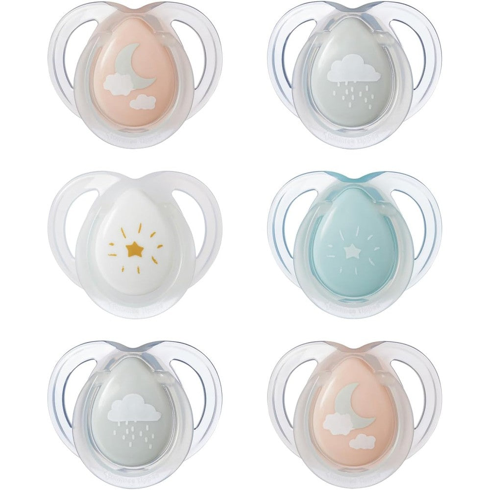 Tommee Tippee Night Time Pacifier pack of six pink pastels front view