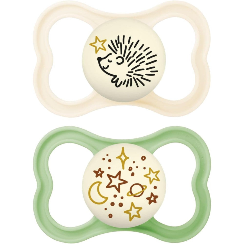MAM Supreme Night baby pacifier front view with hedgehog graphic