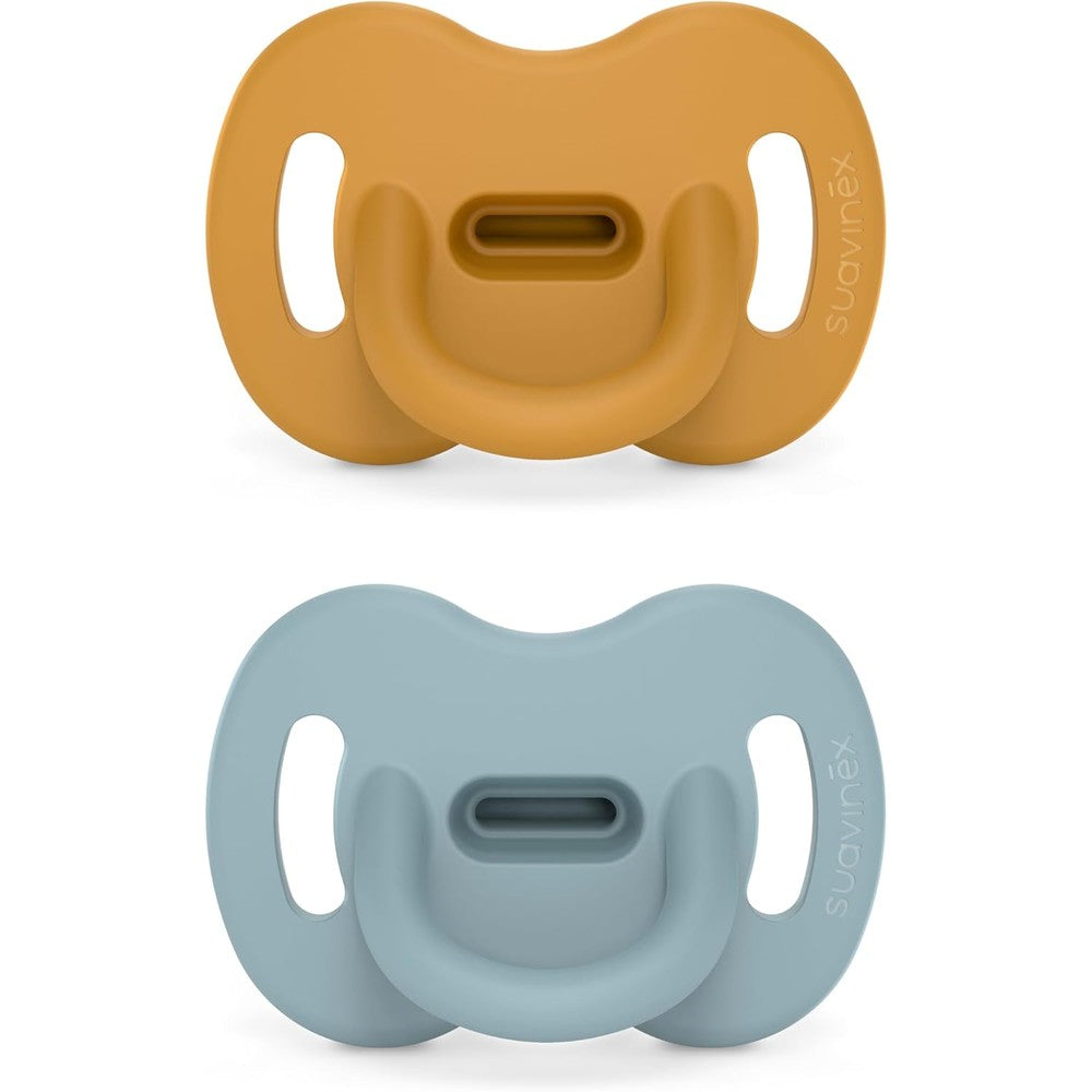 Suavinex Color Essence SX PRO silicone baby pacifier 2 pack in mustard and blue front view