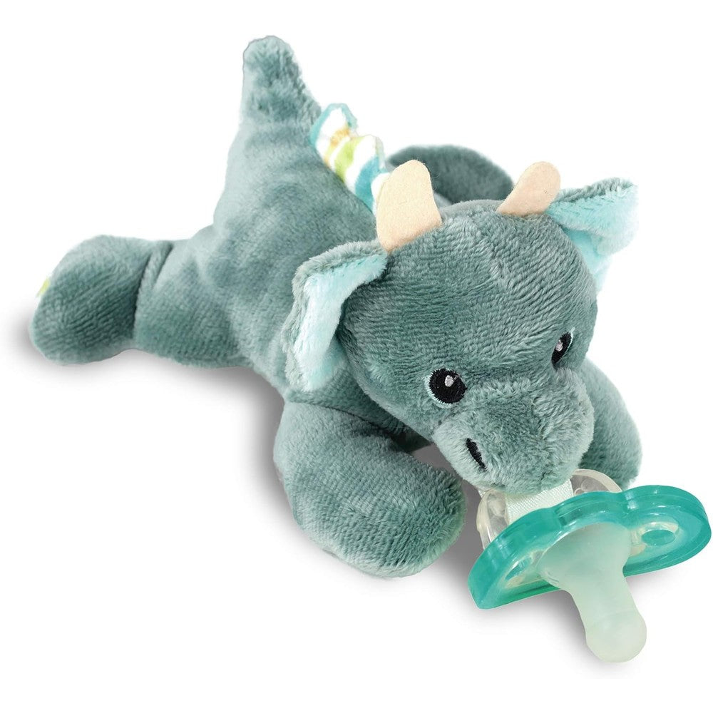 Razbaby Jollypop pacifier holder front view with dragon plush