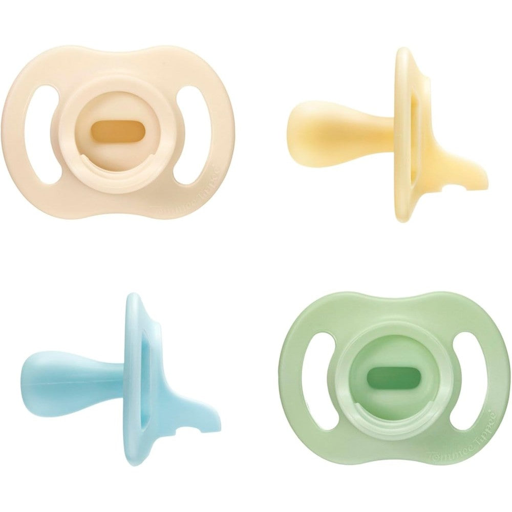 Tommee Tippee Ultra Light StayPut Pacifier front view of the four pack set showcasing the pastel color variants.