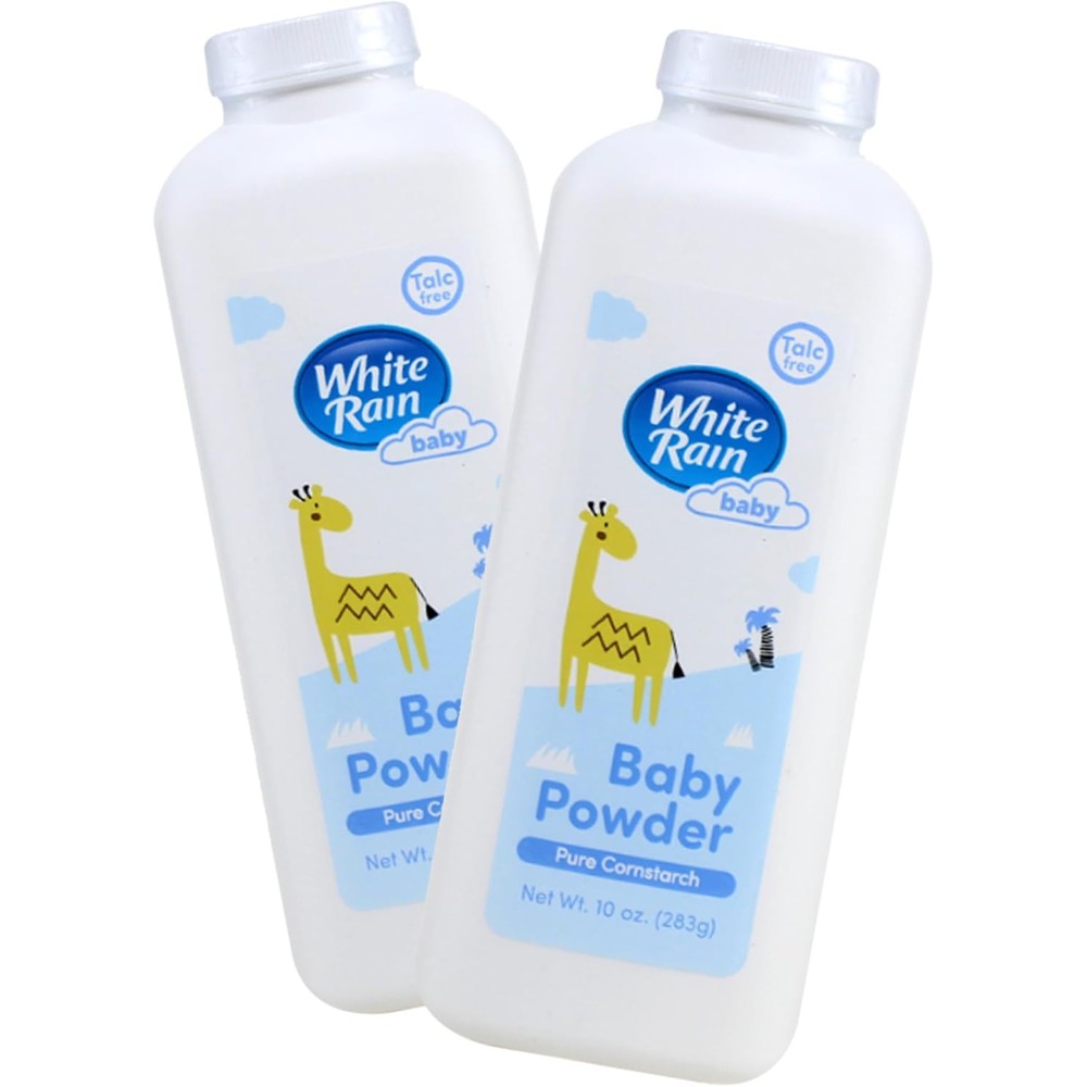 White Rain Pure Cornstarch Baby Powder front view showing bottle and giraffe illustration