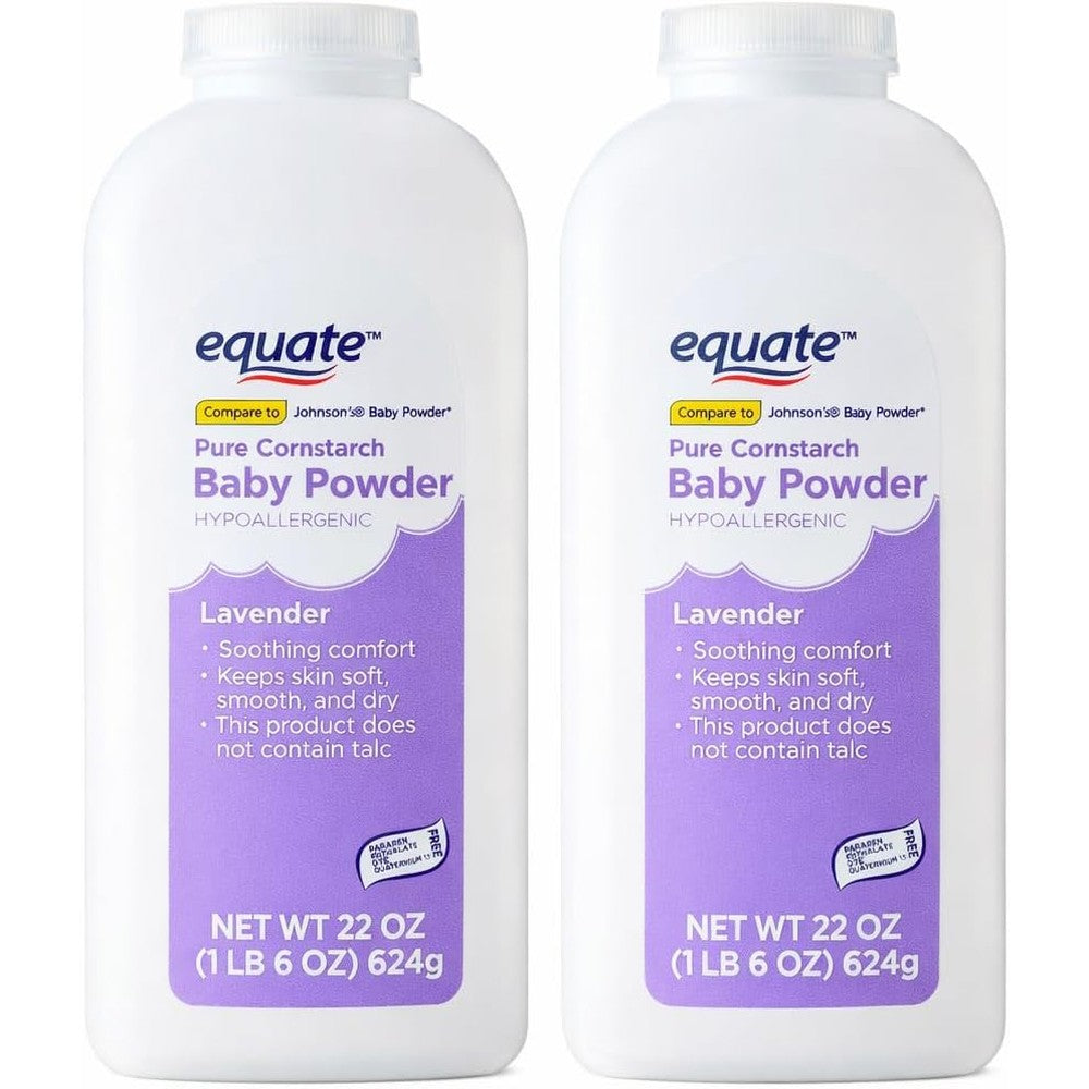 Equate Pure Cornstarch Baby Powder with Lavender and Chamomile 22 Ounce 2-Pack front view