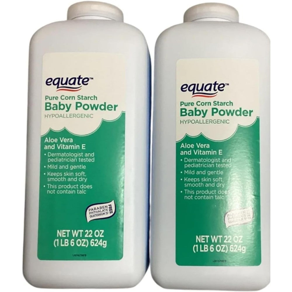 Equate Baby Powder Pure Corn Starch Aloe Vera 22 Ounce front view bottle