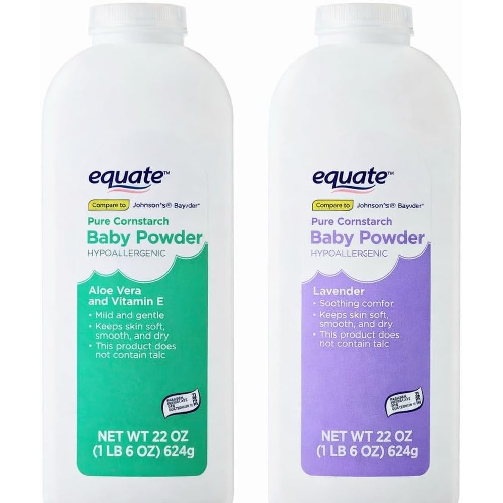 Equate pure cornstarch baby powder lavender and aloe vera bundle front view