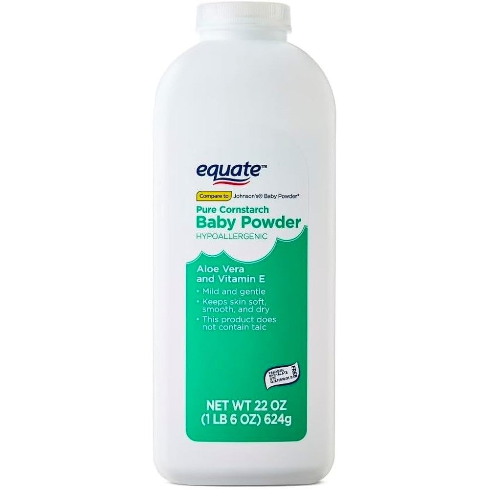 Equate Pure Cornstarch Baby Powder with Aloe and Vitamin E bottle front view