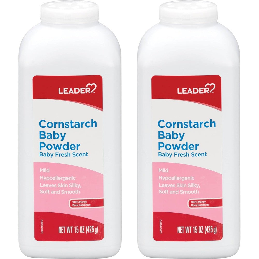 Leader Cornstarch Baby Powder 15 Ounce pack of two front view