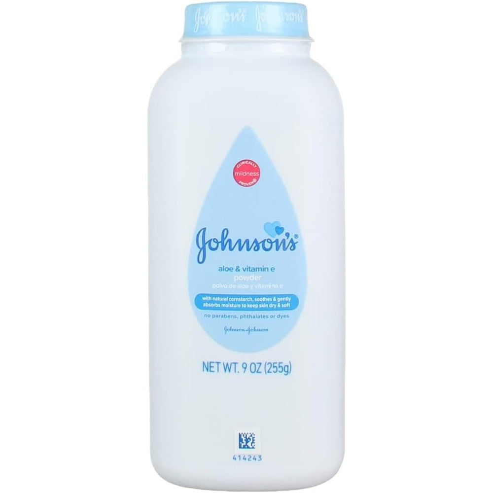 Johnson's Baby Powder Pure Cornstarch with Aloe and Vitamin E 9 Ounce front view