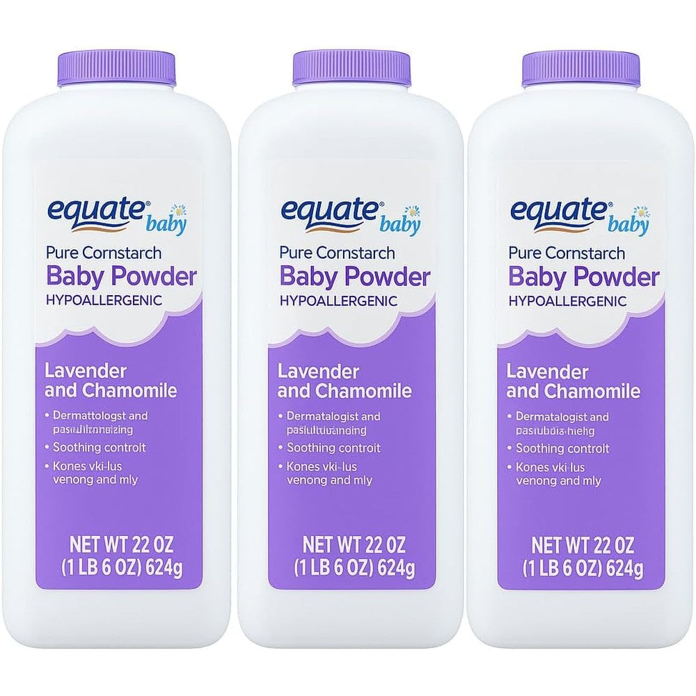 Equate Baby Pure Cornstarch Baby Powder 3 Pack front view