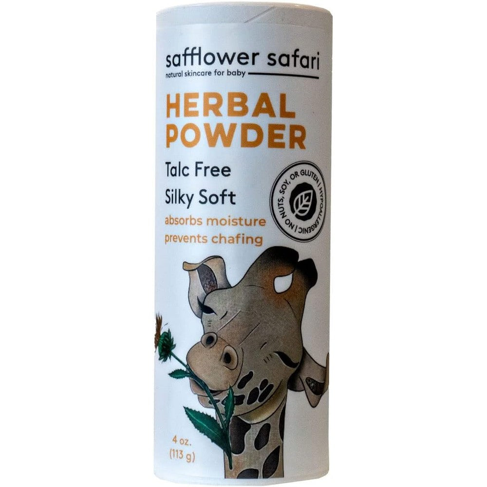 Safflower Safari herbal baby powder 4 ounce container front view
