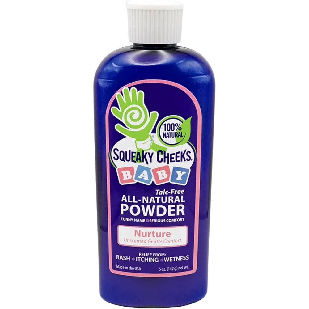 Nosqueak Squeaky Cheeks organic baby powder front view 5 ounce bottle