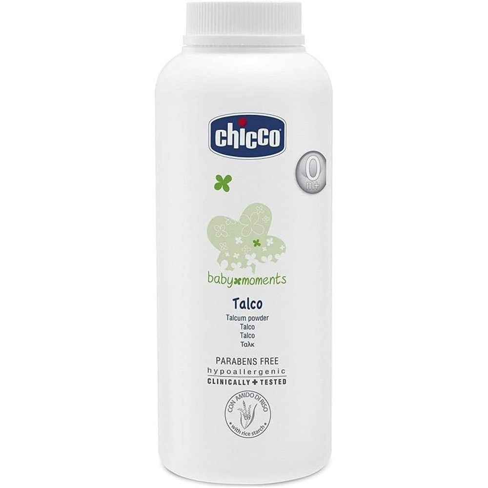 Chicco Baby Moments Talcum Powder 150g bottle front view for baby skin care