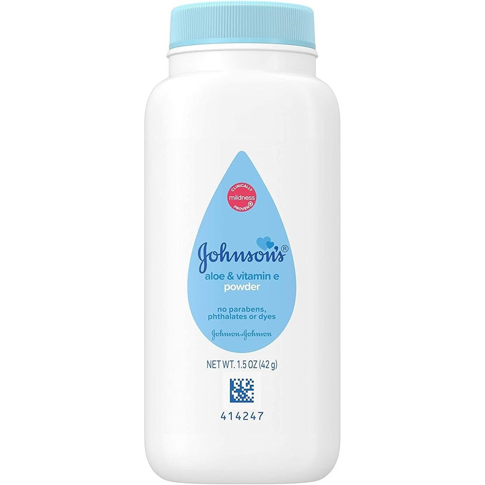 Johnson and Johnson Aloe and Vitamin E cornstarch baby powder pack of three front view
