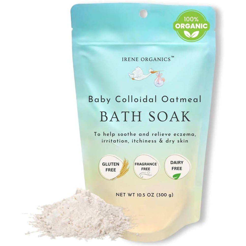 Irene Organics oatmeal baby bath powder pouch front view