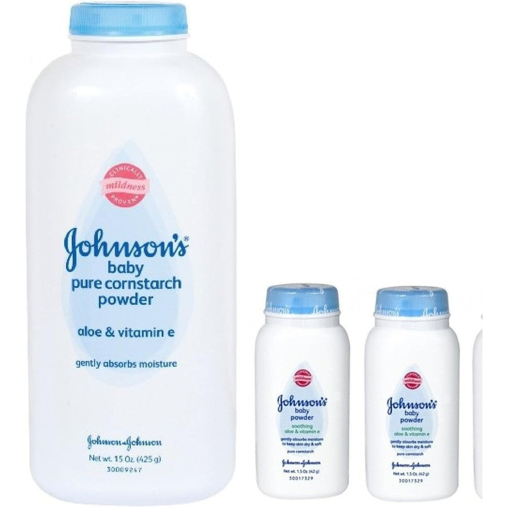 Hephboard Johnson's Pure Cornstarch Baby Powder 15 Ounce and 1.5 Ounce bottles front view
