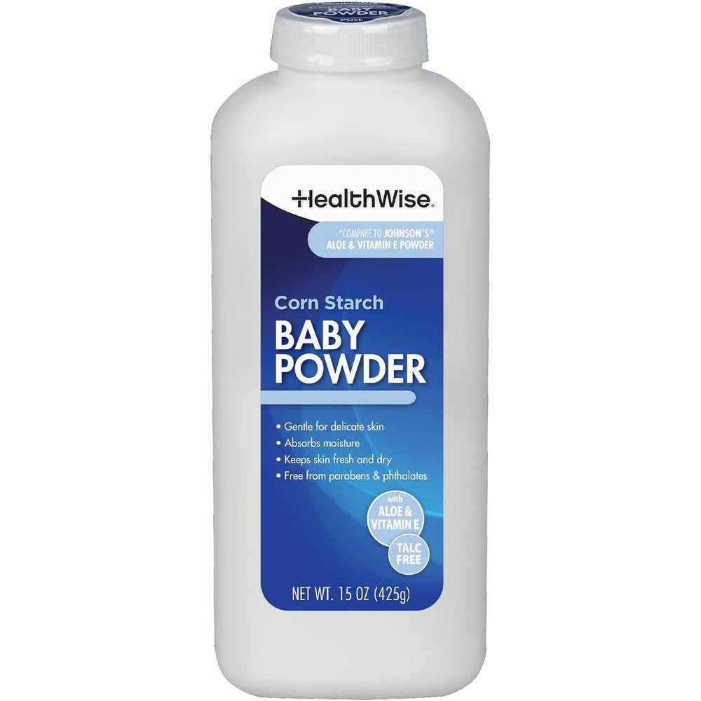 HealthWise Corn Starch Baby Powder front view with aloe and vitamin e branding