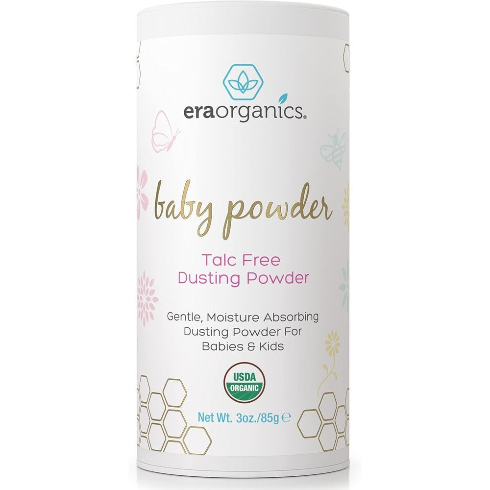 Era Organics Talc-Free Baby Powder bottle showing USDA Organic certification