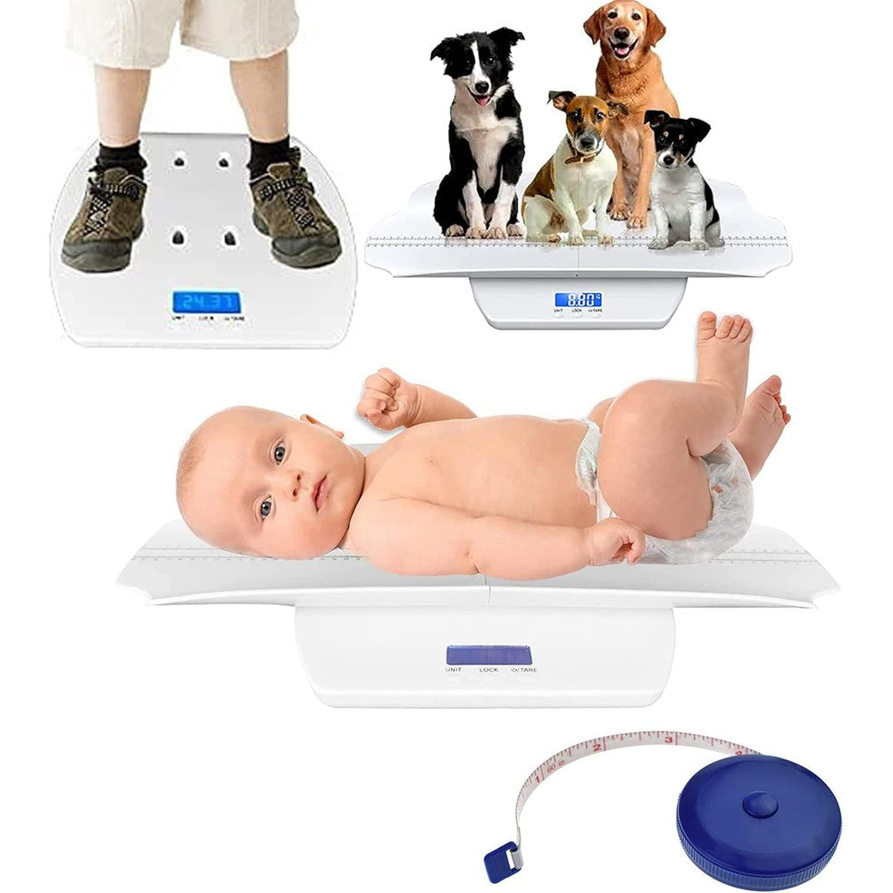 MomMed digital baby scale with white curved tray and blue backlight screen