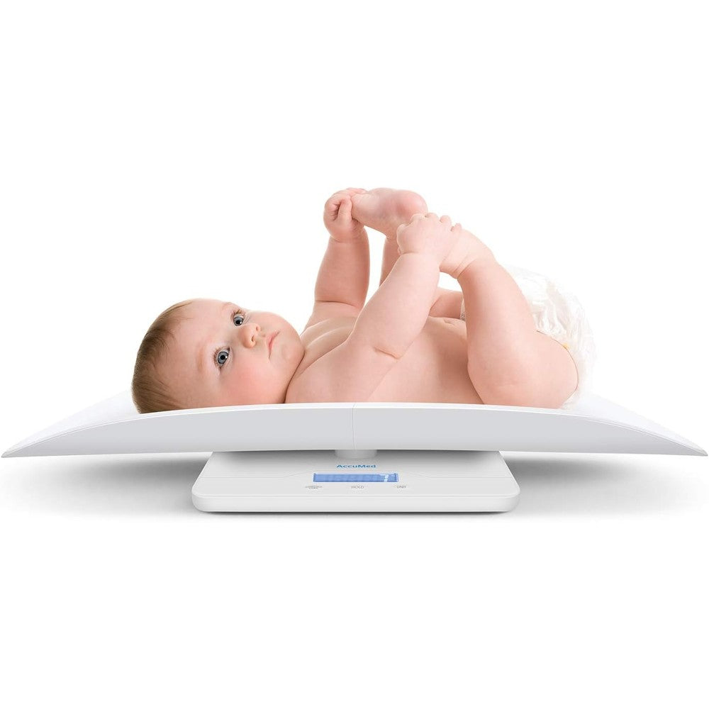 AccuMed digital baby scale front view with blue backlight display