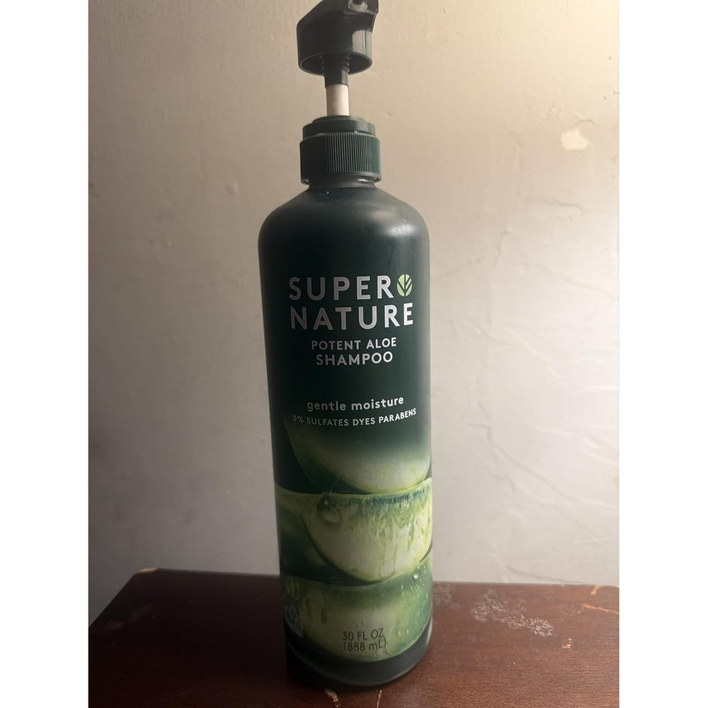 Super Nature Potent Aloe Gentle Moisture Shampoo front view of the thirty fluid ounce value bottle