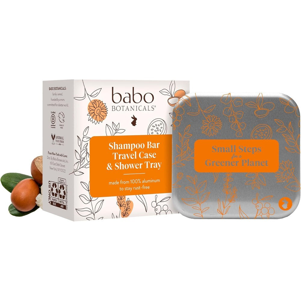 Babo Botanicals Shampoo Solid Bar Holder showing front view of the premium silver aluminum travel case