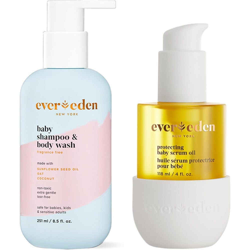 Evereden baby cradle cap care bundle front view showing shampoo and protecting oil packaging
