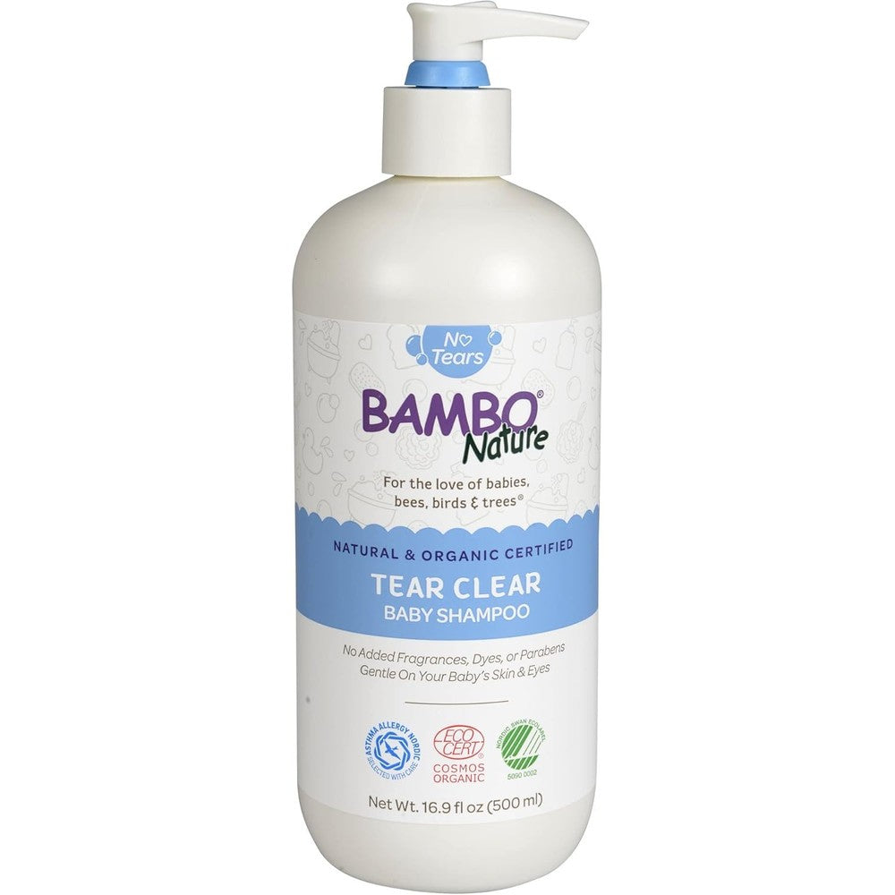 Bambo Nature Tear Clear Baby Shampoo front view showing the 16.9 fluid ounce pump dispenser bottle.