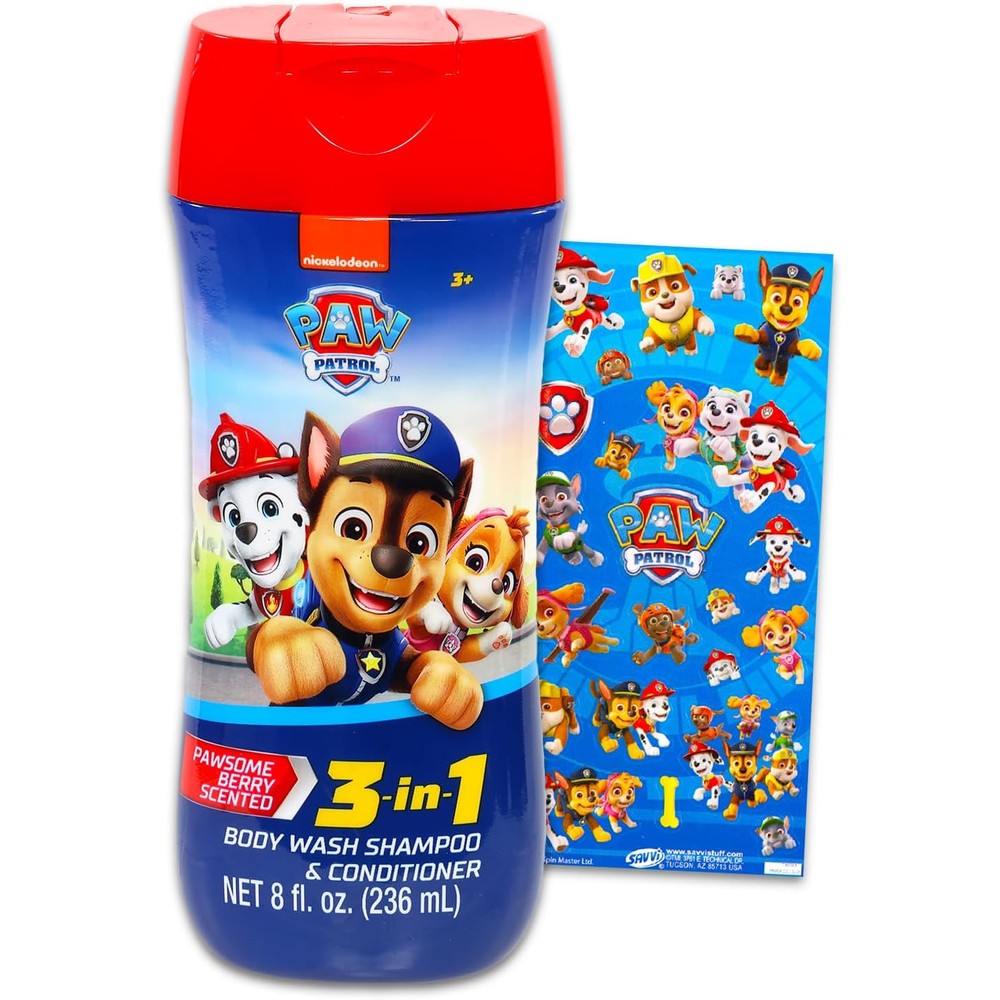 Paw Patrol 3-in-1 kids shampoo conditioner and body wash front view bottle featuring Chase Marshall and Rubble