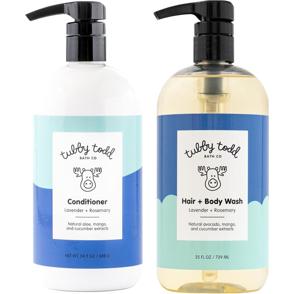 Tubby Todd Hair Duo front view showing shampoo and conditioner bottles for premium baby skincare.