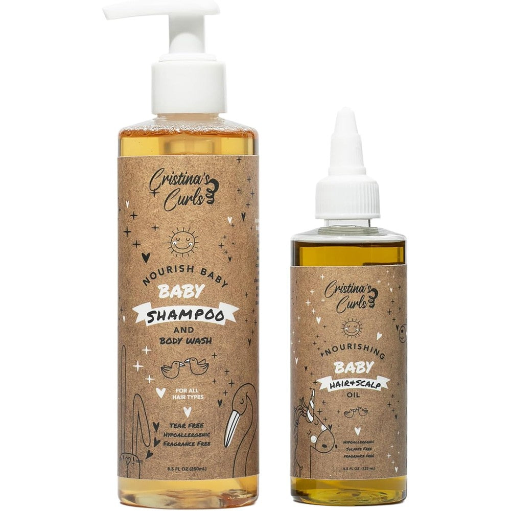 Cristina's Curls Nourishing Baby Wash Day Hair Bundle front view showcasing shampoo and scalp oil bottles
