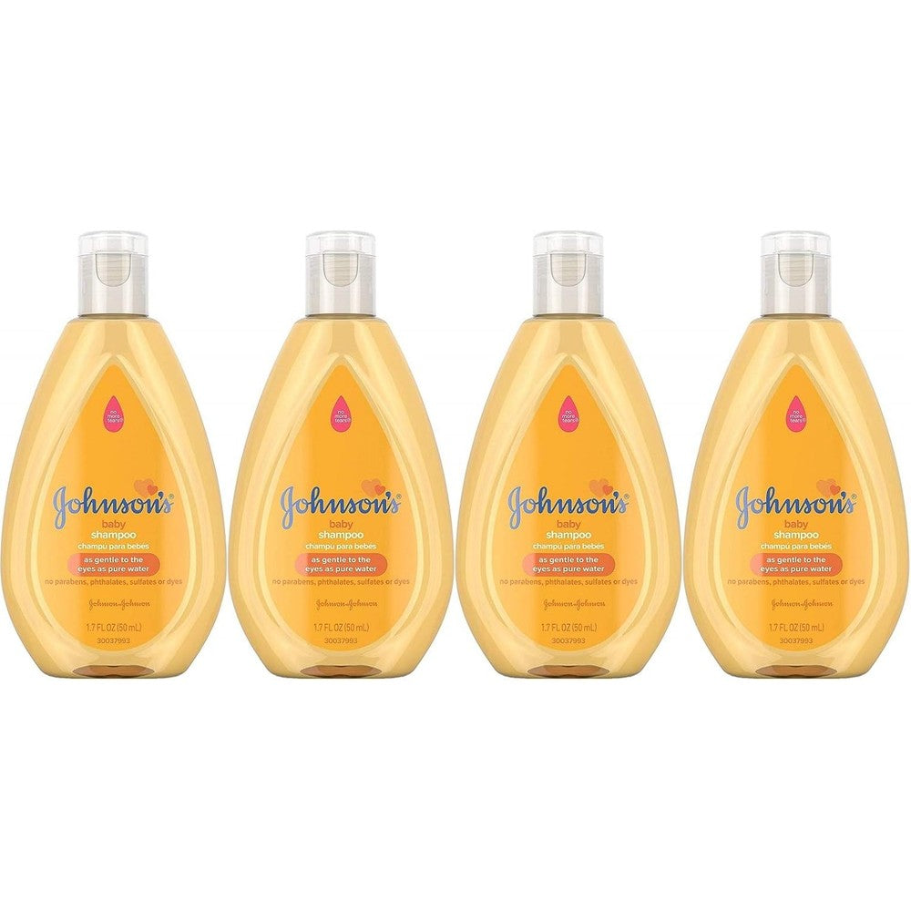 Johnson's Baby Shampoo Travel Size Pack of 4 front view showing the iconic golden tear-free formula bottles.