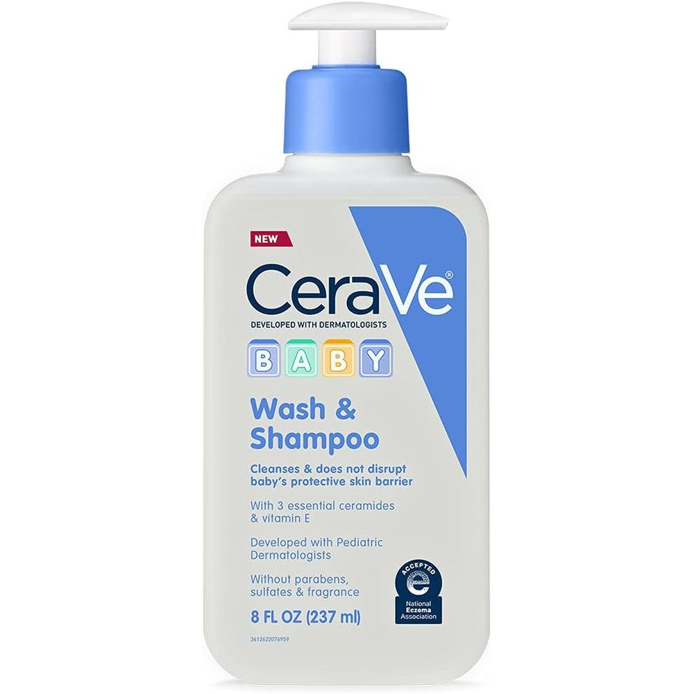 CeraVe Baby Wash and Shampoo 8 Ounce bottle front view showing the brand logo and tear-free labeling.