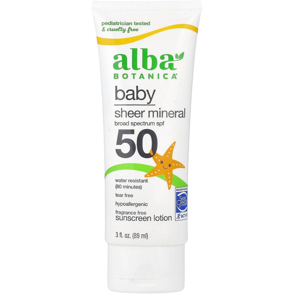 Alba Botanica Baby Sheer Mineral Sunscreen Lotion front view showing SPF 50 packaging.