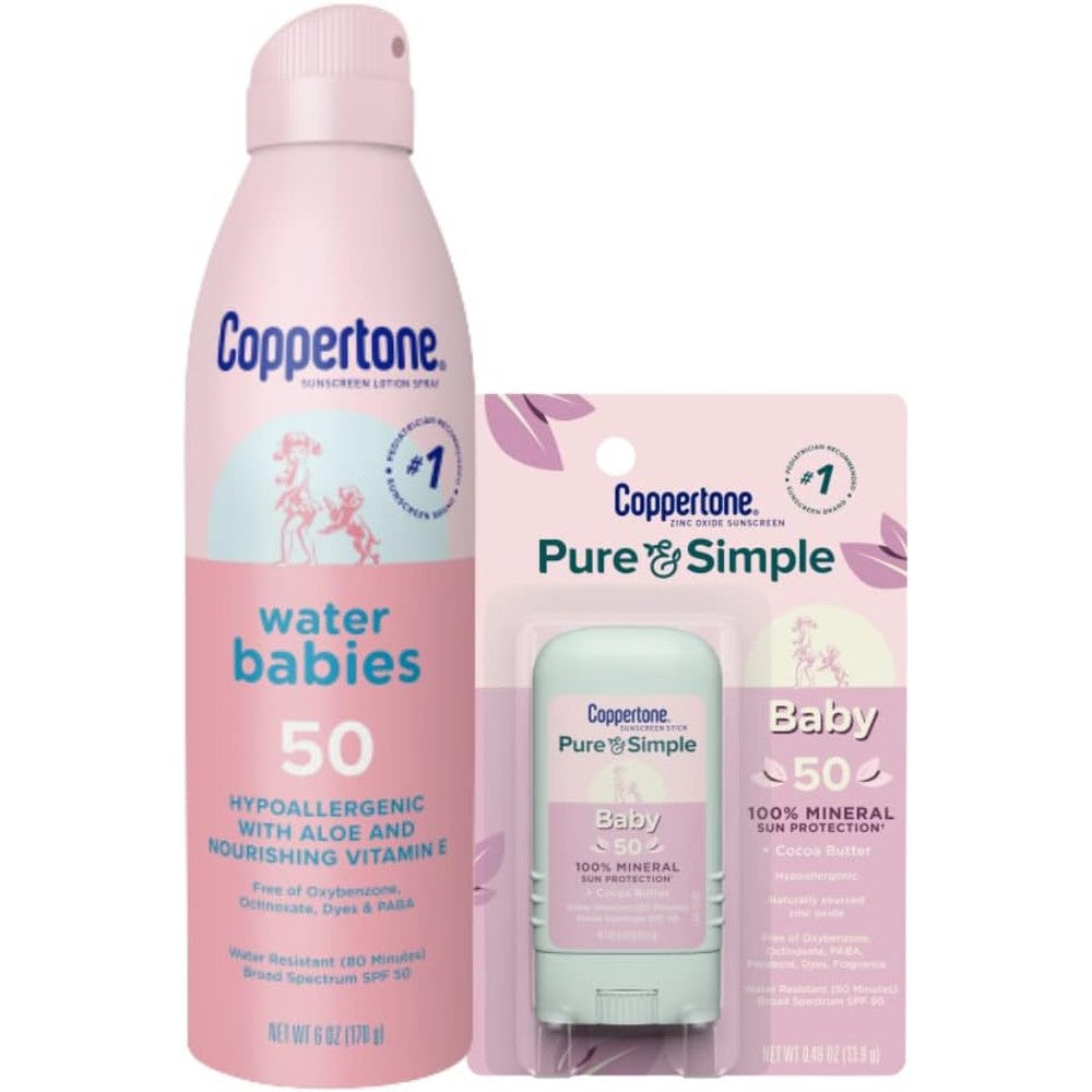 Coppertone WaterBabies baby sunscreen spray and mineral stick combo pack front view