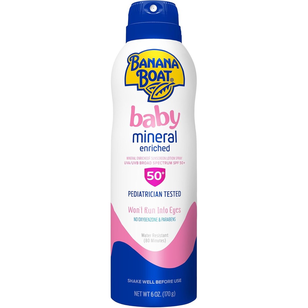 Banana Boat Baby Mineral Enriched Sunscreen Spray SPF 50 front view pack shots for sunblock seekers.