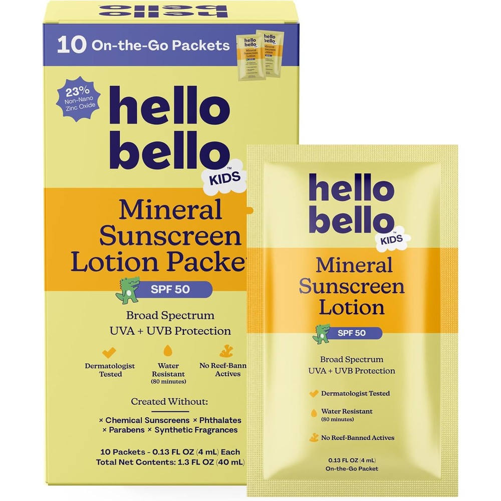 Hello Bello Kids SPF 50 Mineral Sunscreen travel packets front packaging