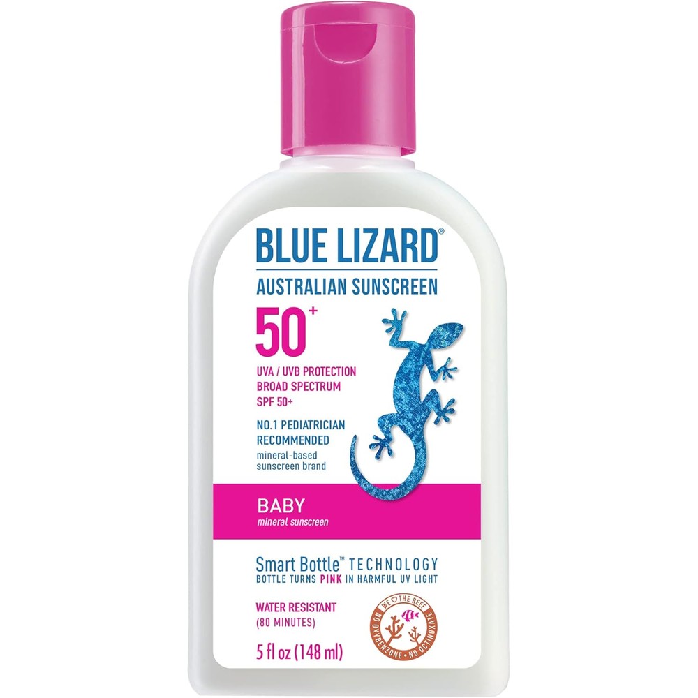 Blue Lizard Baby Mineral Sunscreen SPF 50 Plus front view of the five fluid ounce bottle